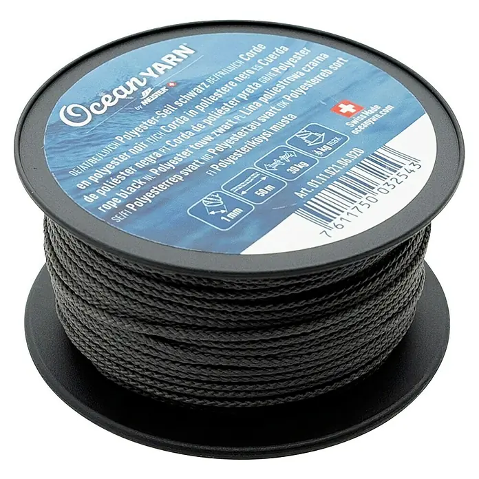 OceanYarn Polyester-Seil OCEANYARN - Länge: 50 m, Durchmesser: 1 mm, Belastbarkeit: 30 kg, Schwarz - Schwarzes Polyesterseil von Ocean Yarn, 1 mm dick und 50 m lang, auf einer dunkelgrauen Spule.