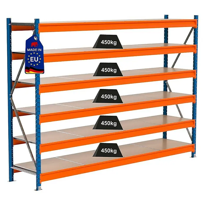 Proregal Schwerlastregal Industrie Weitspannregal MAXIMUS Pro - H x B x T: 200 x 285 x 60 cm, Traglast pro Boden: 450 kg, Anzahl Böden: 6 Stk., Stecken, Blau/Orange