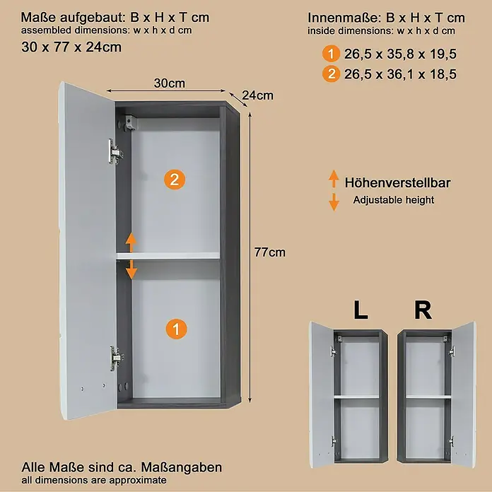Trendteam Line Hängeschrank - 30 x 24 x 77 cm, Sardegna Silber/Weiß - Grau-weißer Wandschrank mit offenen Türen, verstellbarem Einlegeboden und Produktmaßen.