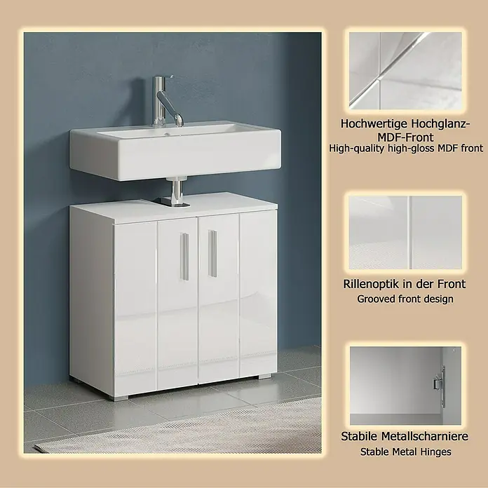 Trendteam Wons Waschtischunterschrank - 60 x 34 x 58 cm, Weiß, Glänzend - Weißer Hochglanz-MDF-Badezimmerschrank mit integriertem Waschbecken und Armatur, mit gerillter Front und stabilen Metallscharnieren.