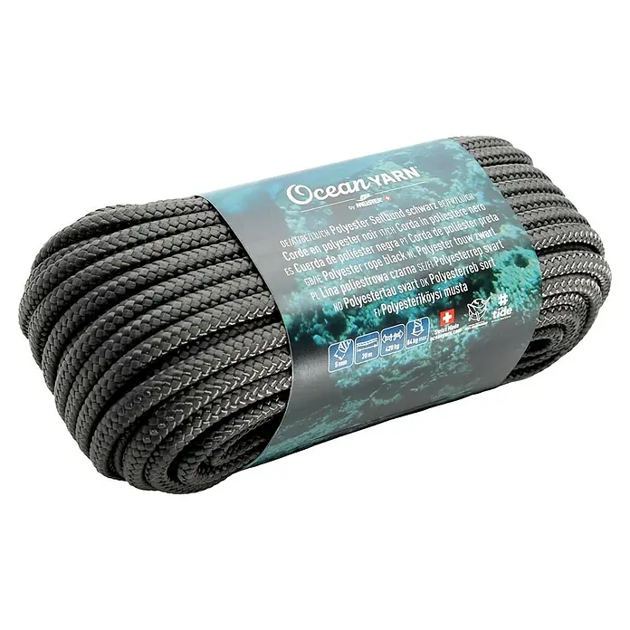 OceanYarn Polyester-Seil OCEANYARN - Länge: 20 m, Durchmesser: 5 mm, Belastbarkeit: 420 kg, Schwarz - Schwarzes Polyesterseil als Bündel mit Markenetikett. 5mm Ø, 20m Länge, 420kg Bruchlast.