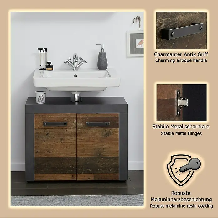 Trendteam Indy Waschtischunterschrank - 72 x 34 x 56 cm, Matera/Old Wood, Matt - Badunterschrank mit weißem Keramikwaschbecken, dunkelgrauem Rahmen und rustikalen Holzschranktüren mit antiken Griffen.