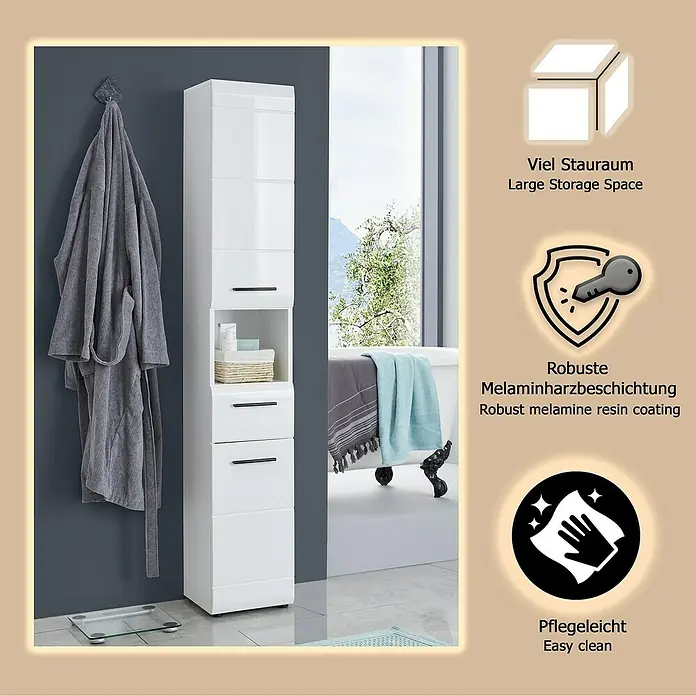 Trendteam Skin Hochschrank - 30 x 31 x 182 cm, Weiß, Mit offenem Fach - Hoher, weißer Hochglanz-Badschrank mit Schubladen und offenem Fach, bietet viel Stauraum in einem modernen Badezimmer.