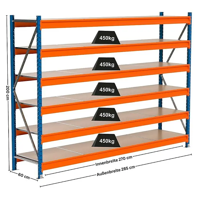 Proregal Schwerlastregal Industrie Weitspannregal MAXIMUS Pro - H x B x T: 200 x 285 x 60 cm, Traglast pro Boden: 450 kg, Anzahl Böden: 6 Stk., Stecken, Blau/Orange