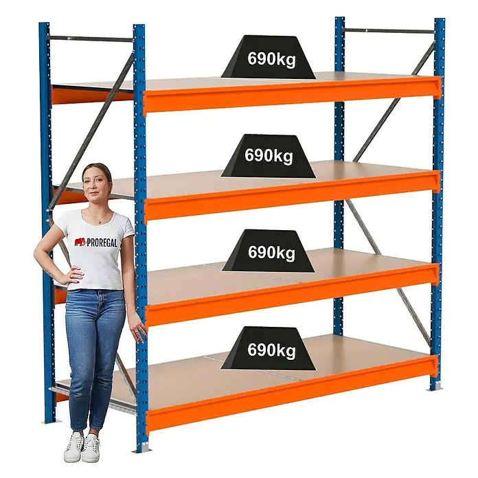 Proregal Schwerlastregal Industrie Weitspannregal MAXIMUS Pro - H x B x T: 200 x 210 x 80 cm, Traglast pro Boden: 690 kg, Anzahl Böden: 4 Stk., Stecken, Blau/Orange