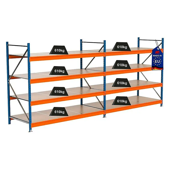Proregal Schwerlastregal Industrie Weitspannregal MAXIMUS Pro - H x B x T: 200 x 460 x 100 cm, Traglast pro Boden: 610 kg, Anzahl Böden: 4 Stk., Stecken, Blau/Orange