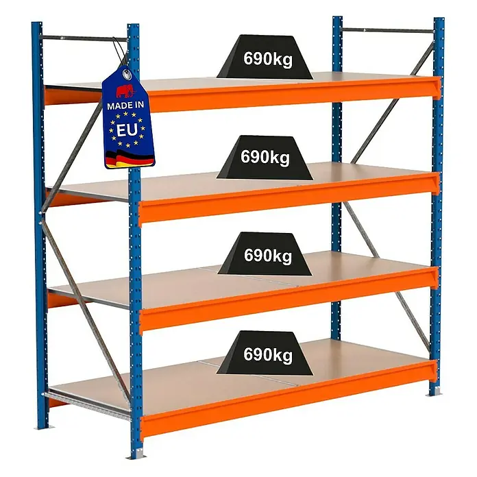 Proregal Schwerlastregal Industrie Weitspannregal MAXIMUS Pro - H x B x T: 200 x 210 x 80 cm, Traglast pro Boden: 690 kg, Anzahl Böden: 4 Stk., Stecken, Blau/Orange