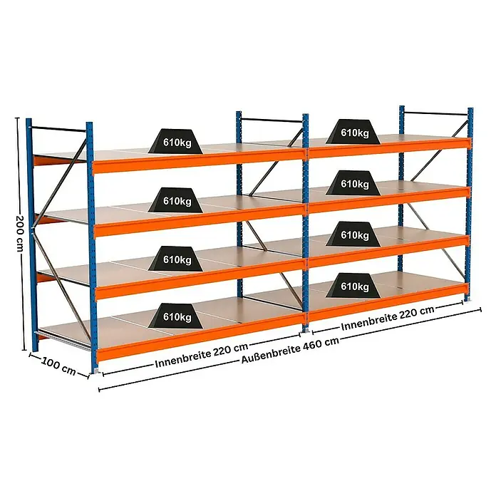 Proregal Schwerlastregal Industrie Weitspannregal MAXIMUS Pro - H x B x T: 200 x 460 x 100 cm, Traglast pro Boden: 610 kg, Anzahl Böden: 4 Stk., Stecken, Blau/Orange