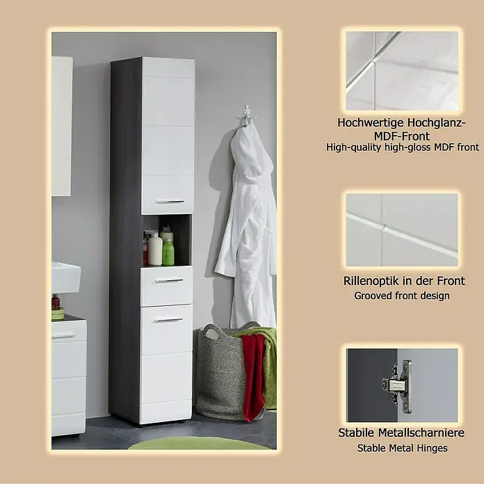Trendteam Line Hochschrank - 30 x 31 x 182 cm, Sardegna Silber/Weiß - Hoher weißer/dunkelgrauer Badschrank mit Hochglanz-MDF-Front und Metallscharnieren, im Bad gezeigt.