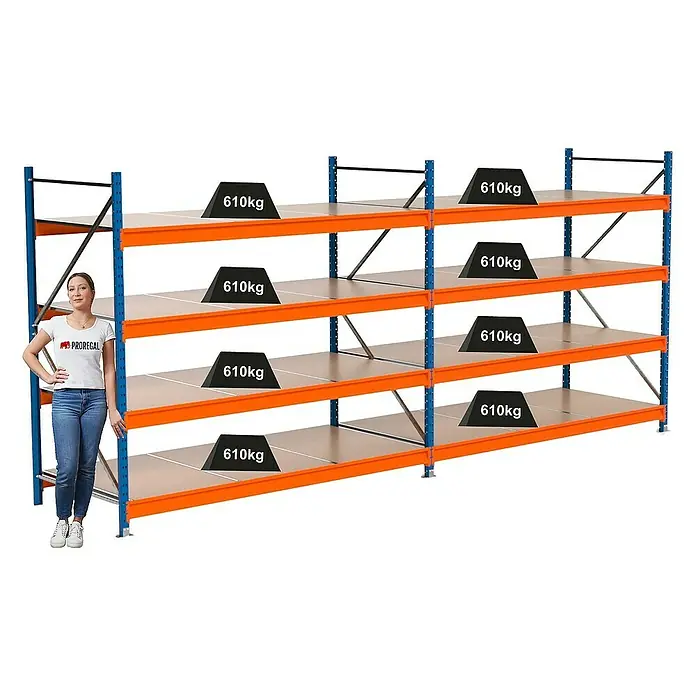 Proregal Schwerlastregal Industrie Weitspannregal MAXIMUS Pro - H x B x T: 200 x 460 x 100 cm, Traglast pro Boden: 610 kg, Anzahl Böden: 4 Stk., Stecken, Blau/Orange