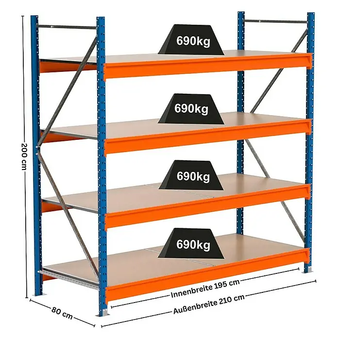 Proregal Schwerlastregal Industrie Weitspannregal MAXIMUS Pro - H x B x T: 200 x 210 x 80 cm, Traglast pro Boden: 690 kg, Anzahl Böden: 4 Stk., Stecken, Blau/Orange