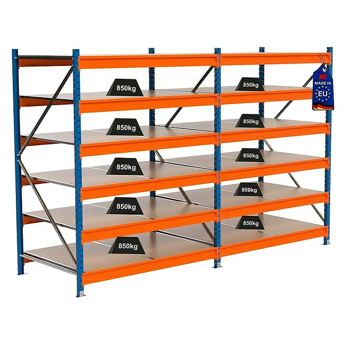 Proregal Schwerlastregal Industrie Weitspannregal MAXIMUS Pro - H x B x T: 200 x 310 x 100 cm, Traglast pro Boden: 850 kg, Anzahl Böden: 6 Stk., Stecken, Blau/Orange