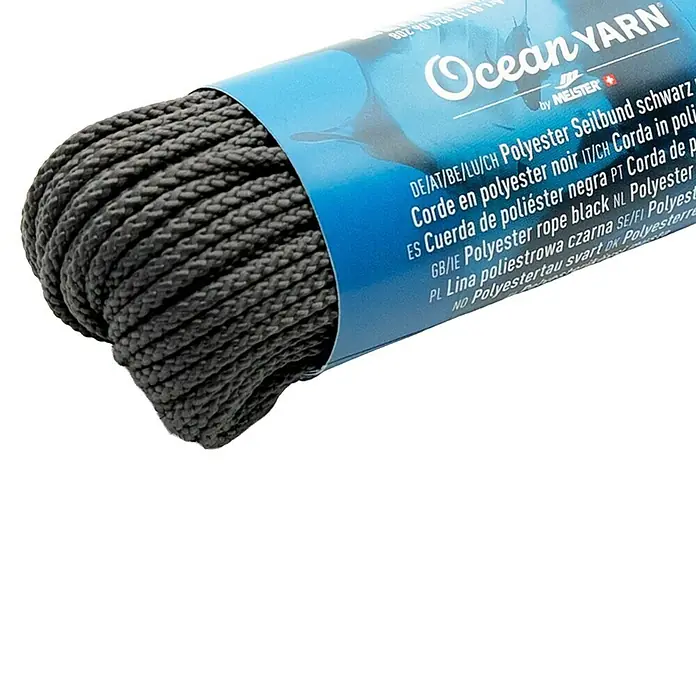 OceanYarn Polyester-Seil OCEANYARN - Länge: 20 m, Durchmesser: 2 mm, Schwarz - Ocean YARN schwarze geflochtene Polyesterschnur auf einer Spule.