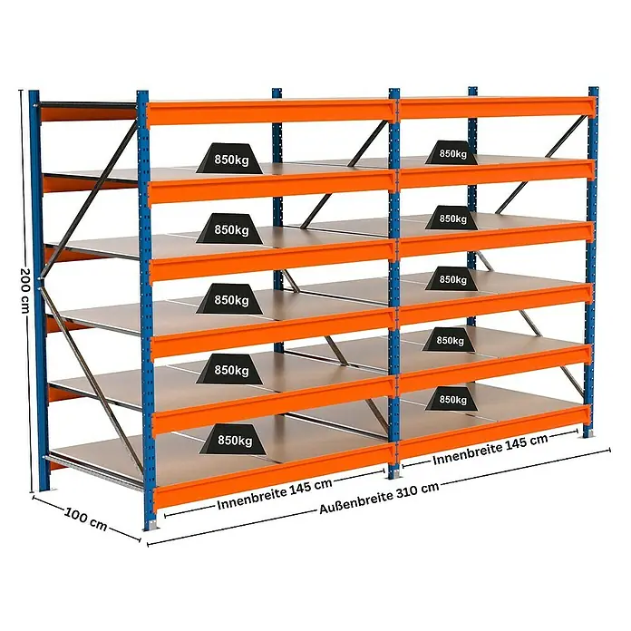 Proregal Schwerlastregal Industrie Weitspannregal MAXIMUS Pro - H x B x T: 200 x 310 x 100 cm, Traglast pro Boden: 850 kg, Anzahl Böden: 6 Stk., Stecken, Blau/Orange
