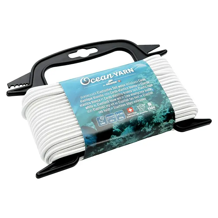 OceanYarn PP-Seil OCEANYARN - Länge: 20 m, Durchmesser: 4 mm, Belastbarkeit: 60 kg, Weiß - Weißes Elastikseil (4mm, 20m, 60kg) auf schwarzem Kunststoffwickler.