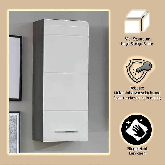 Trendteam Line Hängeschrank - 30 x 24 x 77 cm, Sardegna Silber/Weiß - Weißer Wandschrank mit glänzenden Fronten und robuster Melaminharzbeschichtung, bietet viel Stauraum und ist pflegeleicht.