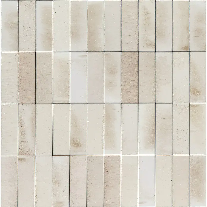 Wandfliese Stella Glossy - 5 x 15 cm, Beige, Glänzend - Vertikale hellbeige Keramikfliesen mit strukturierter, variierter Oberfläche für Wandverkleidung.