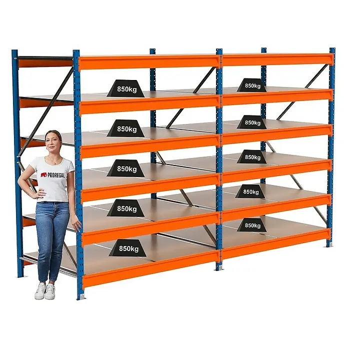 Proregal Schwerlastregal Industrie Weitspannregal MAXIMUS Pro - H x B x T: 200 x 310 x 100 cm, Traglast pro Boden: 850 kg, Anzahl Böden: 6 Stk., Stecken, Blau/Orange