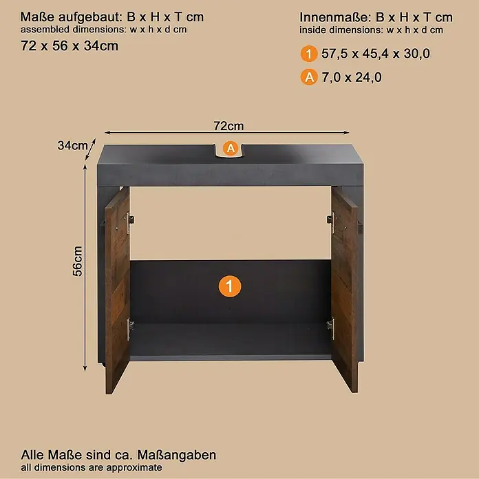 Trendteam Indy Waschtischunterschrank - 72 x 34 x 56 cm, Matera/Old Wood, Matt - Dunkelgrauer und holzfarbener Waschtischunterschrank mit geöffneten Türen, Innenmaße sichtbar. Gesamtmaße: 72x56x34cm.