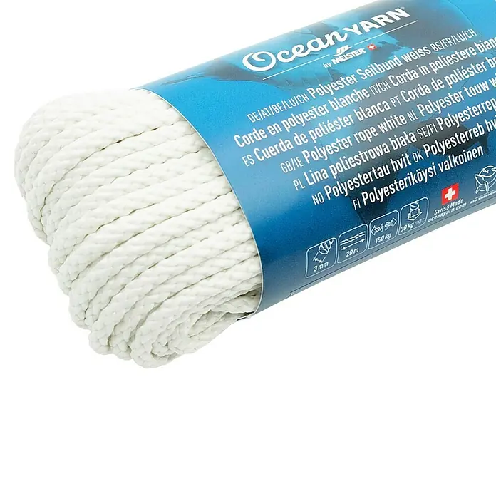 OceanYarn Polyester-Seil OCEANYARN - Länge: 20 m, Durchmesser: 3 mm, Belastbarkeit: 150 kg, Weiß - Weißes Polyesterseil auf einer Spule.