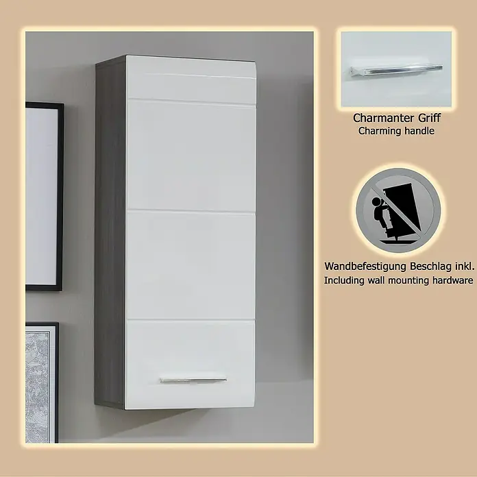 Trendteam Line Hängeschrank - 30 x 24 x 77 cm, Sardegna Silber/Weiß - Weißer Wandschrank mit dunkler Holzseite, drei Fächern und silbernem Griff. Wandbefestigung inklusive.