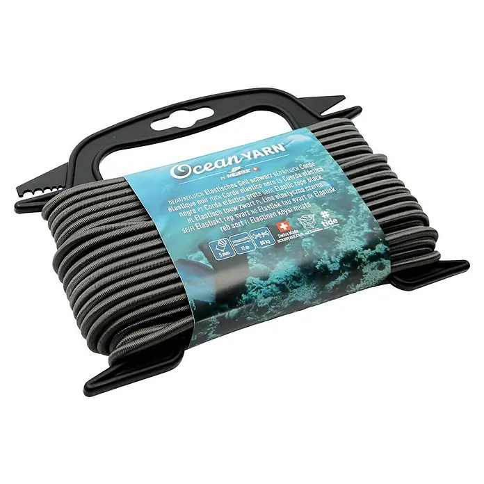 OceanYarn PP-Seil OCEANYARN - Länge: 15 m, Durchmesser: 5 mm, Belastbarkeit: 80 kg, Schwarz - Schwarzes, aufgewickeltes Gummiseil mit schwarzem Plastikgriff und Produktetikett, das Spezifikationen zeigt.