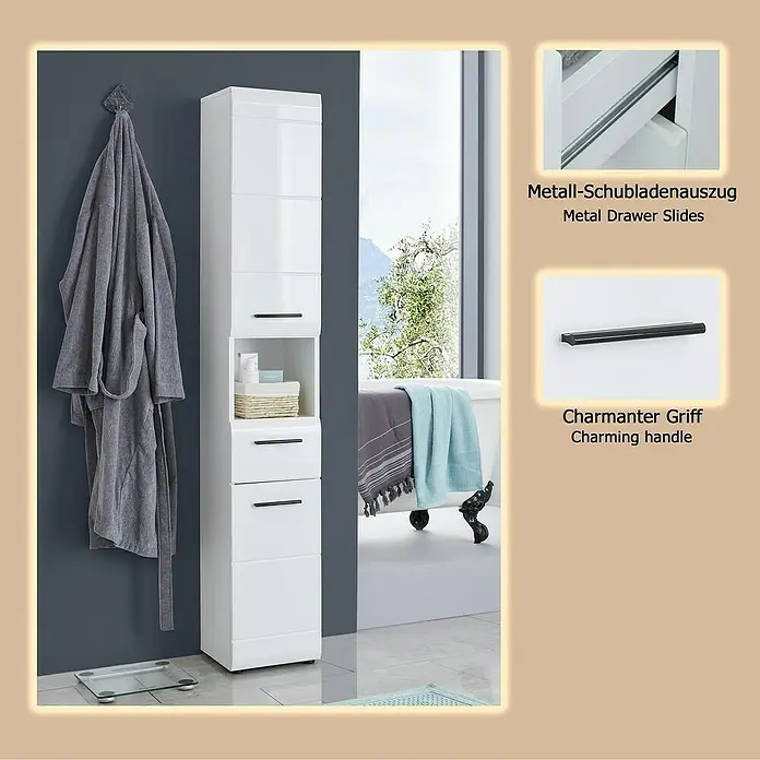 Trendteam Skin Hochschrank - 30 x 31 x 182 cm, Weiß, Mit offenem Fach - Weißer hoher Badezimmerschrank mit schwarzen Griffen und Metallschubladenauszügen in einem modernen Badezimmer.