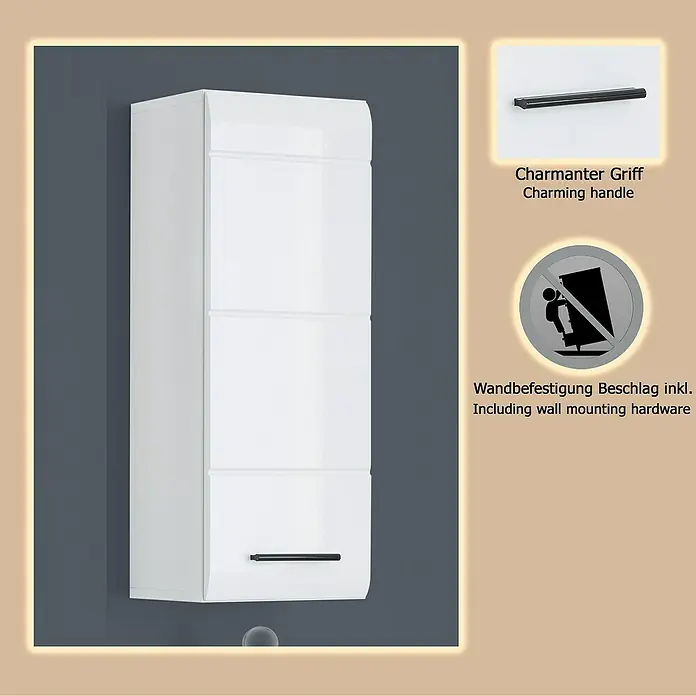 Trendteam Skin Hängeschrank - 30 x 23 x 77 cm, Weiß - Weißer Wandschrank mit dunklem Griff, inklusive Wandbefestigungsmaterial.