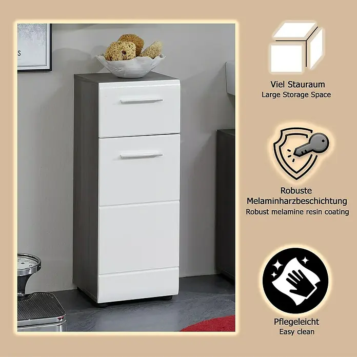Trendteam Line Unterschrank - 30 x 31 x 80 cm, Sardegna Silber/Weiß - Schmaler grau-weißer Schubladenschrank mit drei weißen Schubladen und silbernen Griffen, zur Aufbewahrung.