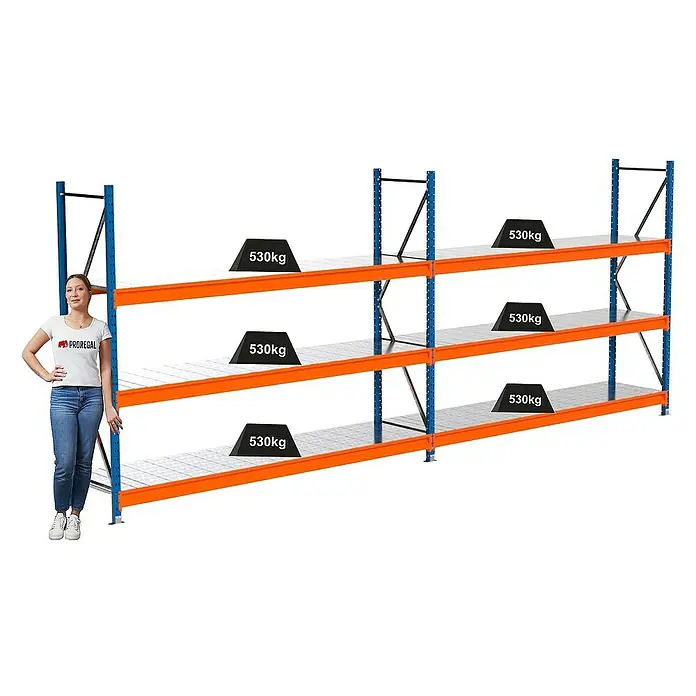 Proregal Schwerlastregal Industrie Weitspannregal MAXIMUS Pro - H x B x T: 200 x 510 x 60 cm, Traglast pro Boden: 530 kg, Anzahl Böden: 3 Stk., Stecken, Blau/Orange