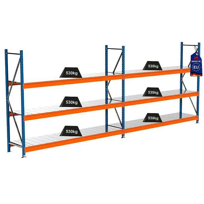 Proregal Schwerlastregal Industrie Weitspannregal MAXIMUS Pro - H x B x T: 200 x 510 x 60 cm, Traglast pro Boden: 530 kg, Anzahl Böden: 3 Stk., Stecken, Blau/Orange
