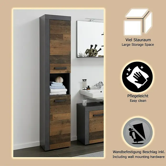 Trendteam Indy Hochschrank - 36 x 31 x 184 cm, Matera/Old Wood - Modernes Badmöbel-Set mit Hochschrank und Waschtischunterschrank, dunkelgrauem Rahmen und Altholz-Optik.
