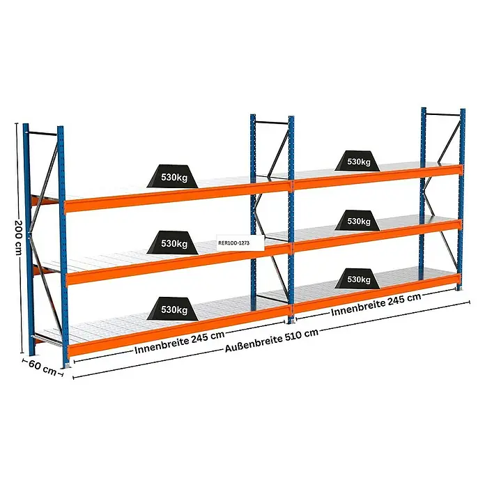Proregal Schwerlastregal Industrie Weitspannregal MAXIMUS Pro - H x B x T: 200 x 510 x 60 cm, Traglast pro Boden: 530 kg, Anzahl Böden: 3 Stk., Stecken, Blau/Orange