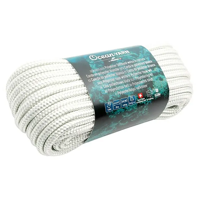 OceanYarn Polyester-Seil OCEANYARN - Länge: 20 m, Durchmesser: 5 mm, Belastbarkeit: 420 kg, Weiß - Aufgerollte weiße Polyesterseil mit Markenetikett.