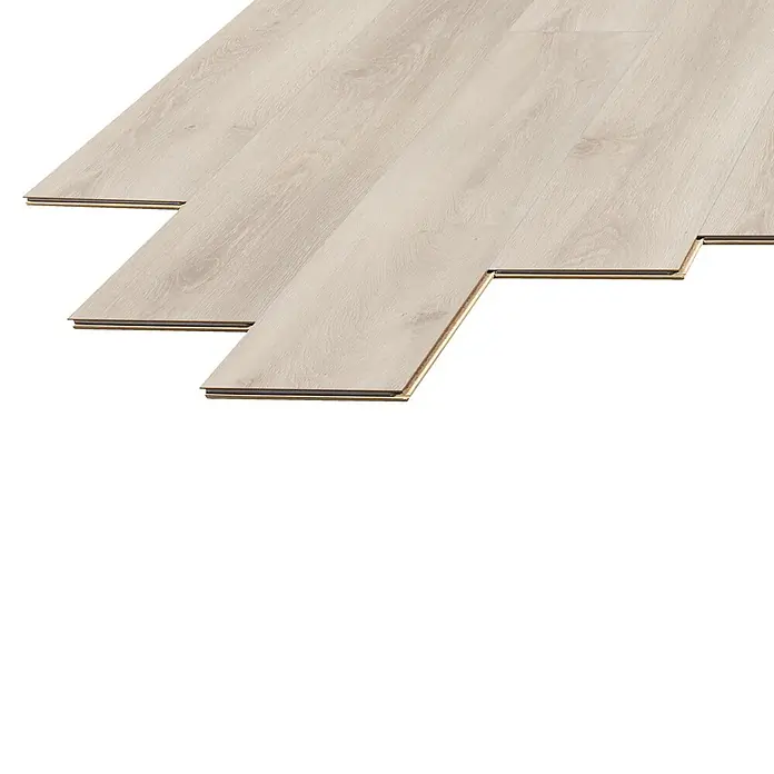 LOGOCLIC Laminado Hidro Roble Verona - 1.380 x 191 x 8 mm, Beige, AC4, Resistente al agua - Paneles de suelo laminado claro con veta de madera y bordes entrelazados, apilados para instalación.