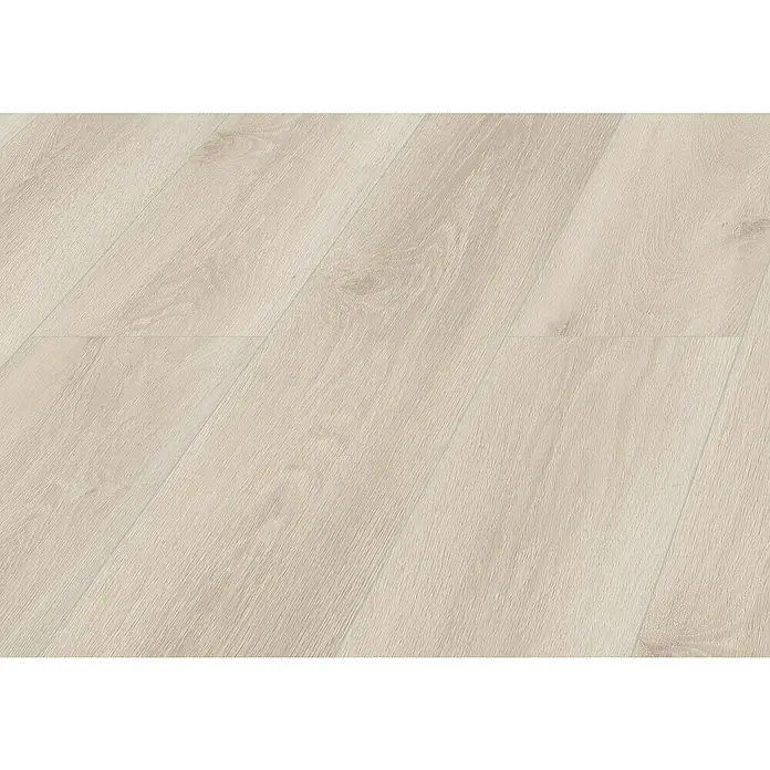 LOGOCLIC Laminado Hidro Roble Verona - 1.380 x 191 x 8 mm, Beige, AC4, Resistente al agua - Suelo de imitación madera clara con tablas diagonales y textura de veta fina.