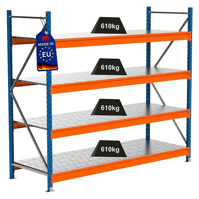 Proregal Schwerlastregal Industrie Weitspannregal MAXIMUS Pro - H x B x T: 200 x 235 x 80 cm, Traglast pro Boden: 610 kg, Anzahl Böden: 4 Stk., Stecken, Blau/Orange