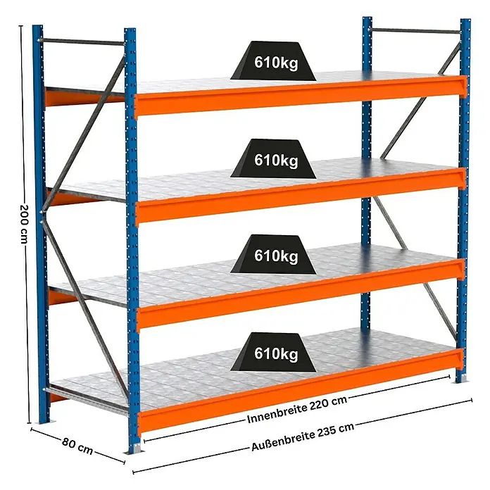 Proregal Schwerlastregal Industrie Weitspannregal MAXIMUS Pro - H x B x T: 200 x 235 x 80 cm, Traglast pro Boden: 610 kg, Anzahl Böden: 4 Stk., Stecken, Blau/Orange