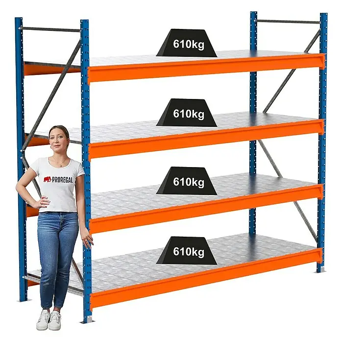 Proregal Schwerlastregal Industrie Weitspannregal MAXIMUS Pro - H x B x T: 200 x 235 x 80 cm, Traglast pro Boden: 610 kg, Anzahl Böden: 4 Stk., Stecken, Blau/Orange