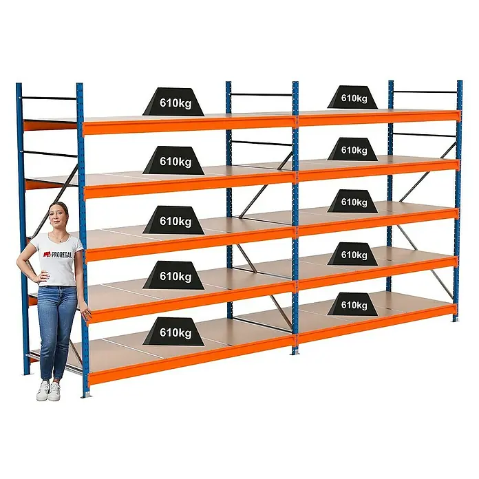 Proregal Schwerlastregal Industrie Weitspannregal MAXIMUS Pro - H x B x T: 250 x 460 x 100 cm, Traglast pro Boden: 610 kg, Anzahl Böden: 5 Stk., Stecken, Blau/Orange
