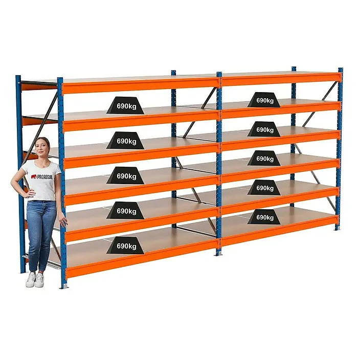 Proregal Schwerlastregal Industrie Weitspannregal MAXIMUS Pro - H x B x T: 200 x 410 x 80 cm, Traglast pro Boden: 690 kg, Anzahl Böden: 6 Stk., Stecken, Blau/Orange