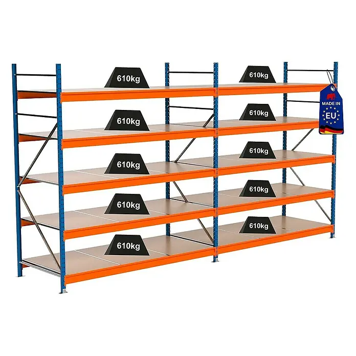 Proregal Schwerlastregal Industrie Weitspannregal MAXIMUS Pro - H x B x T: 250 x 460 x 100 cm, Traglast pro Boden: 610 kg, Anzahl Böden: 5 Stk., Stecken, Blau/Orange