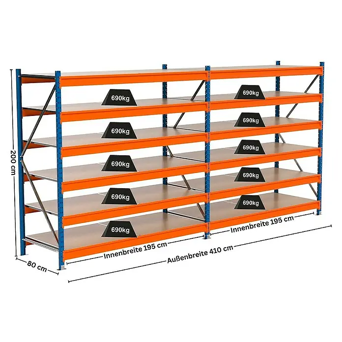 Proregal Schwerlastregal Industrie Weitspannregal MAXIMUS Pro - H x B x T: 200 x 410 x 80 cm, Traglast pro Boden: 690 kg, Anzahl Böden: 6 Stk., Stecken, Blau/Orange