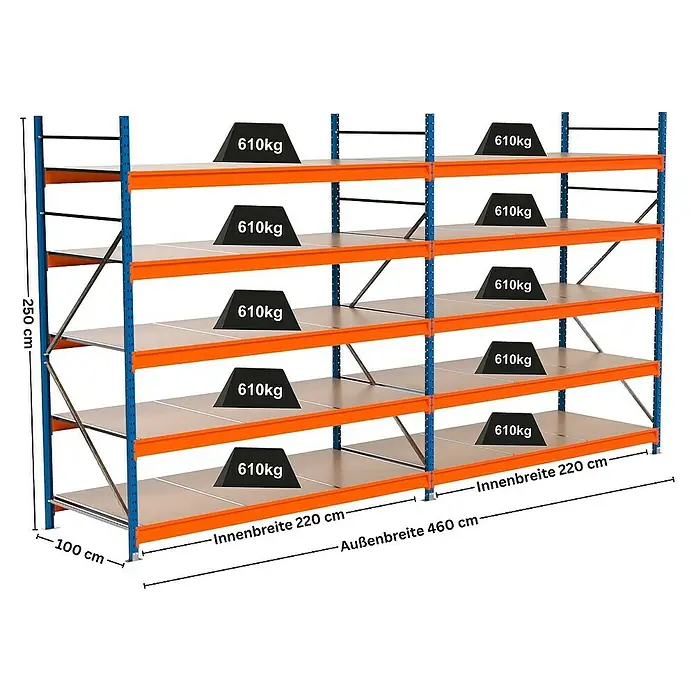 Proregal Schwerlastregal Industrie Weitspannregal MAXIMUS Pro - H x B x T: 250 x 460 x 100 cm, Traglast pro Boden: 610 kg, Anzahl Böden: 5 Stk., Stecken, Blau/Orange