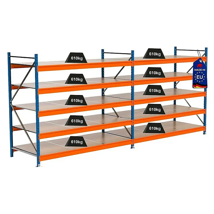 Proregal Schwerlastregal Industrie Weitspannregal MAXIMUS Pro - H x B x T: 200 x 460 x 100 cm, Traglast pro Boden: 610 kg, Anzahl Böden: 5 Stk., Stecken, Blau/Orange