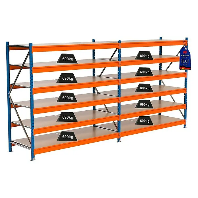 Proregal Schwerlastregal Industrie Weitspannregal MAXIMUS Pro - H x B x T: 200 x 410 x 80 cm, Traglast pro Boden: 690 kg, Anzahl Böden: 6 Stk., Stecken, Blau/Orange