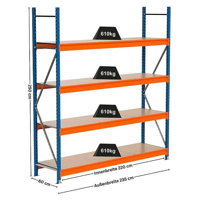 Proregal Schwerlastregal Industrie Weitspannregal MAXIMUS Pro - H x B x T: 250 x 235 x 60 cm, Traglast pro Boden: 610 kg, Anzahl Böden: 4 Stk., Stecken, Blau/Orange