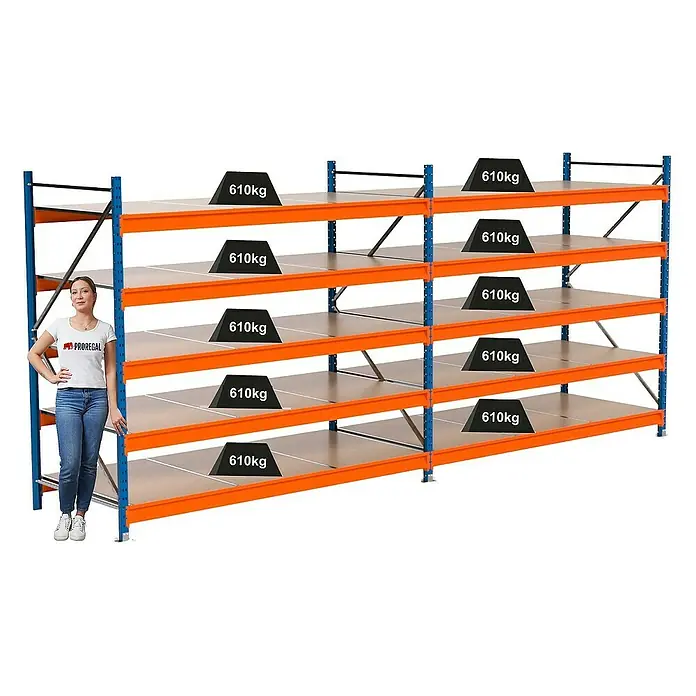Proregal Schwerlastregal Industrie Weitspannregal MAXIMUS Pro - H x B x T: 200 x 460 x 100 cm, Traglast pro Boden: 610 kg, Anzahl Böden: 5 Stk., Stecken, Blau/Orange
