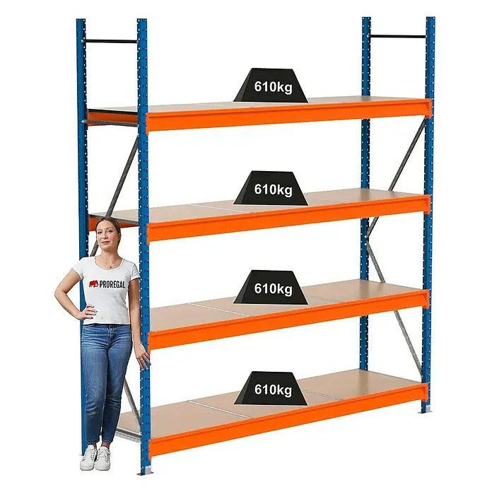 Proregal Schwerlastregal Industrie Weitspannregal MAXIMUS Pro - H x B x T: 250 x 235 x 60 cm, Traglast pro Boden: 610 kg, Anzahl Böden: 4 Stk., Stecken, Blau/Orange