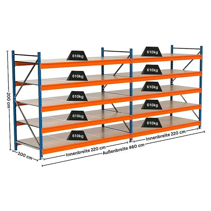 Proregal Schwerlastregal Industrie Weitspannregal MAXIMUS Pro - H x B x T: 200 x 460 x 100 cm, Traglast pro Boden: 610 kg, Anzahl Böden: 5 Stk., Stecken, Blau/Orange
